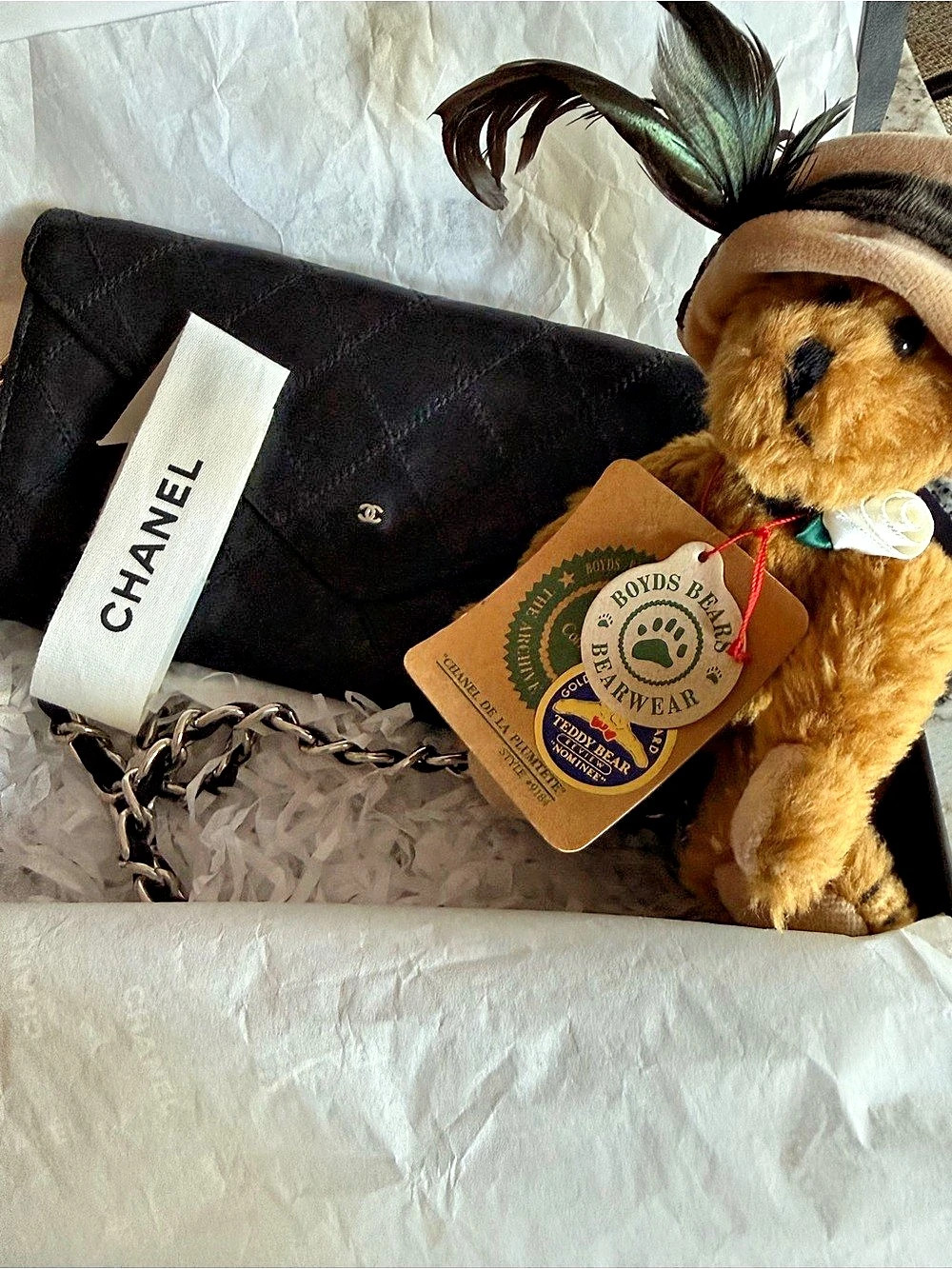 Chanel Quilted Leather Envelope Chain Wallet with a Chanel De La Plumtete Bear